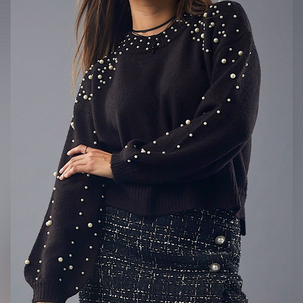 🆕🌿🖤LIME LUSH: BLACK Pearl Embellished Raglan Sleeve Sweater MEDIUM